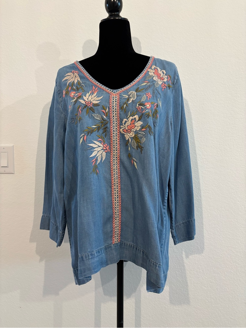 Embroidered Blue V-Neck Women’s Top